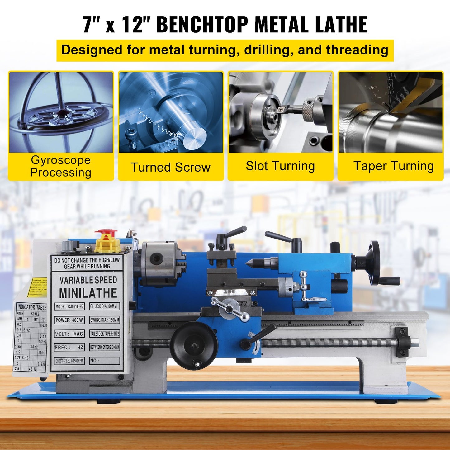 Mini Metal Lathe 7x12 Inch Precision Variable Speed 2250RPM 400W Telescopic Scale Sets Metal Wood Working Lathe Automatic with 3-Jaw Self-Centering Chuck