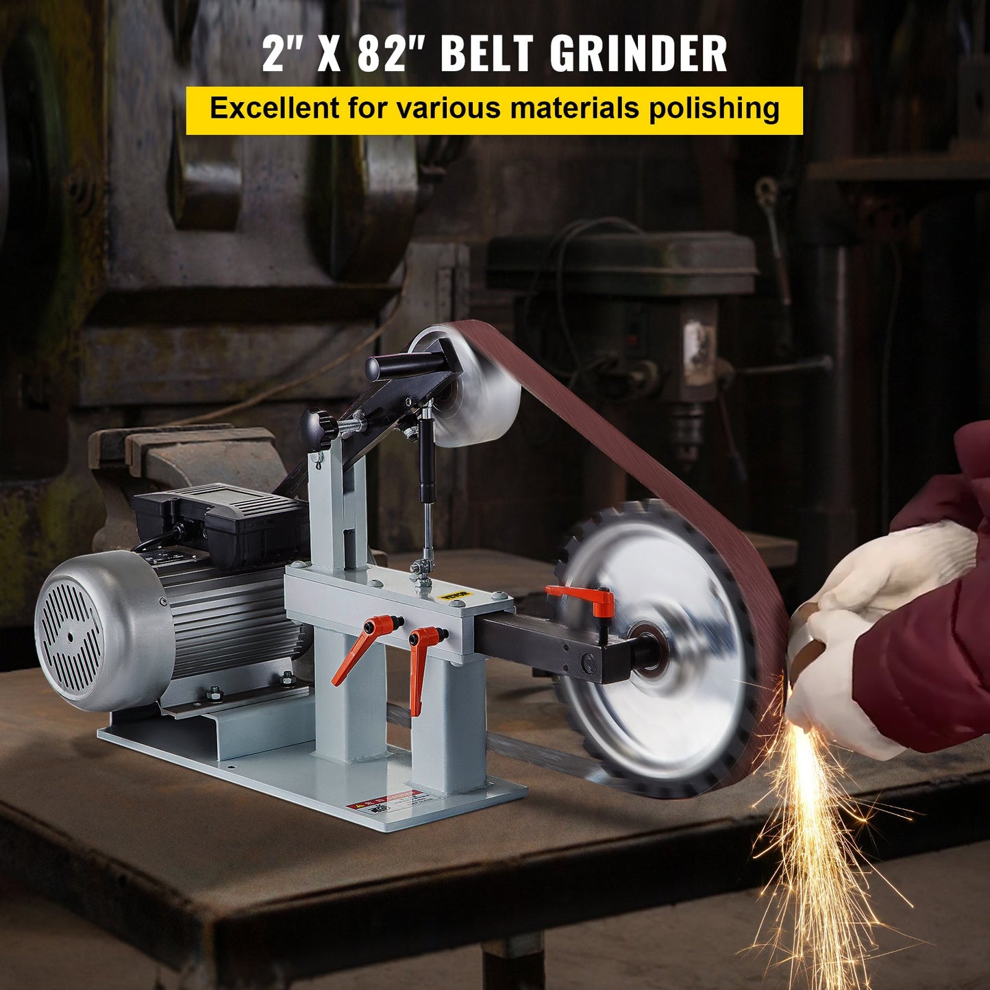 2HP belt sander constant speed 2 X 82 inch belt disc sander with 3 grinding discs 110V bench grinder 12 inch disc and flat flat tool rest for knife making