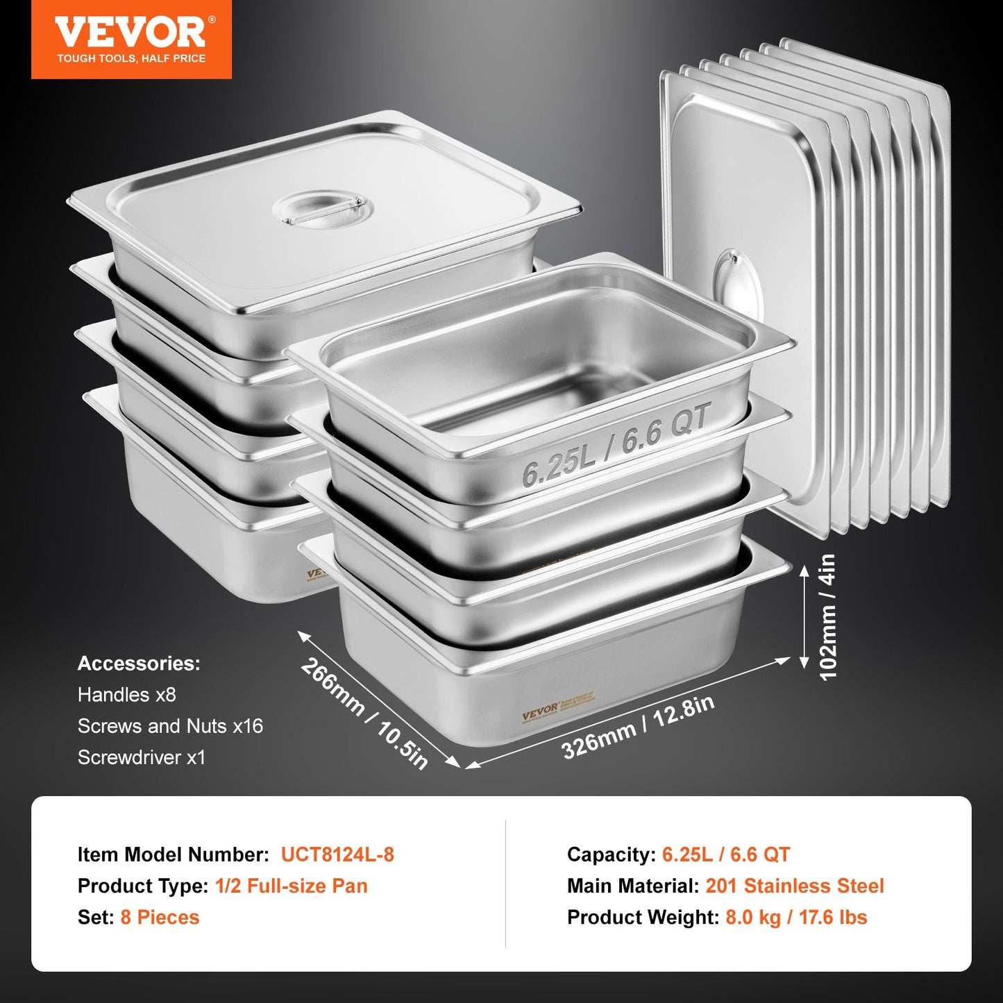 8-pack 1/2 storlek Hotellpannor Ångbordspanna rostfritt stål 4" djupt lock