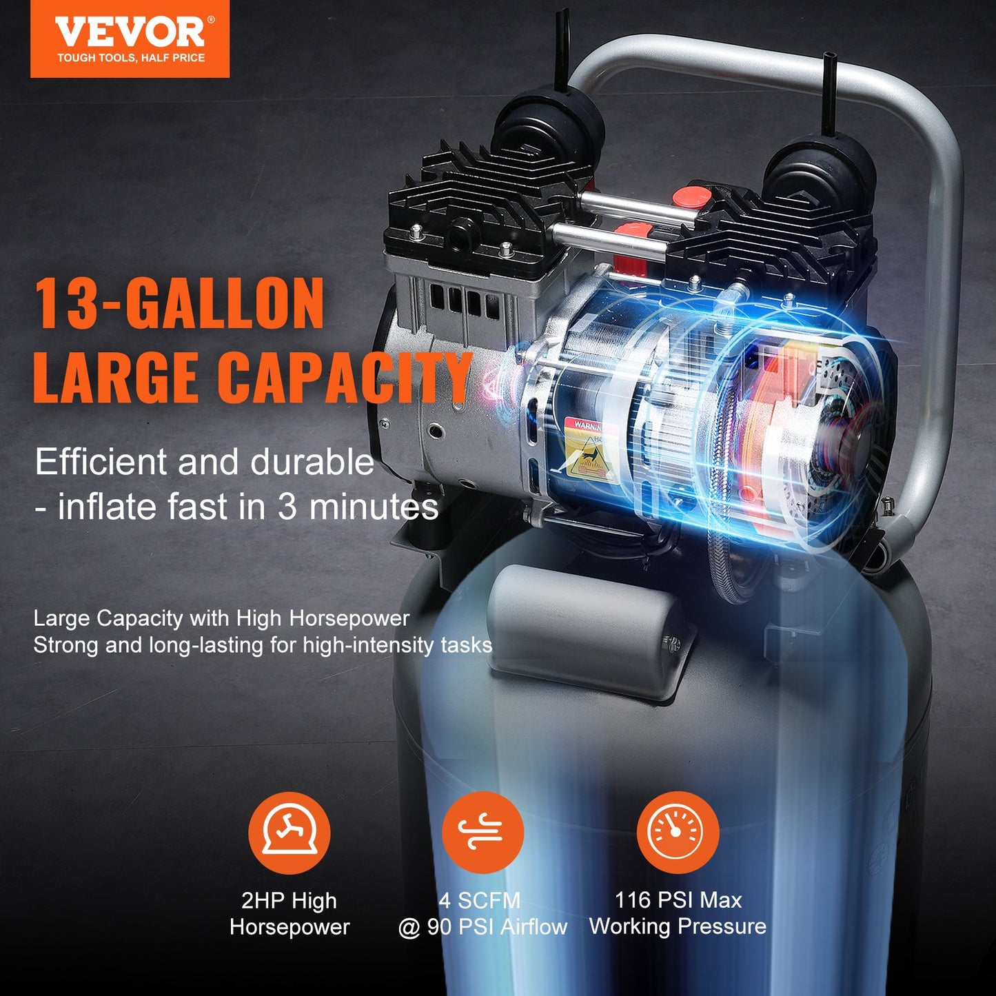 13 Gallonen-Luftkompressor, 2 PS, 4 SCFM bei 90 PSI, ölfreier Luftkompressor, 116 PSI