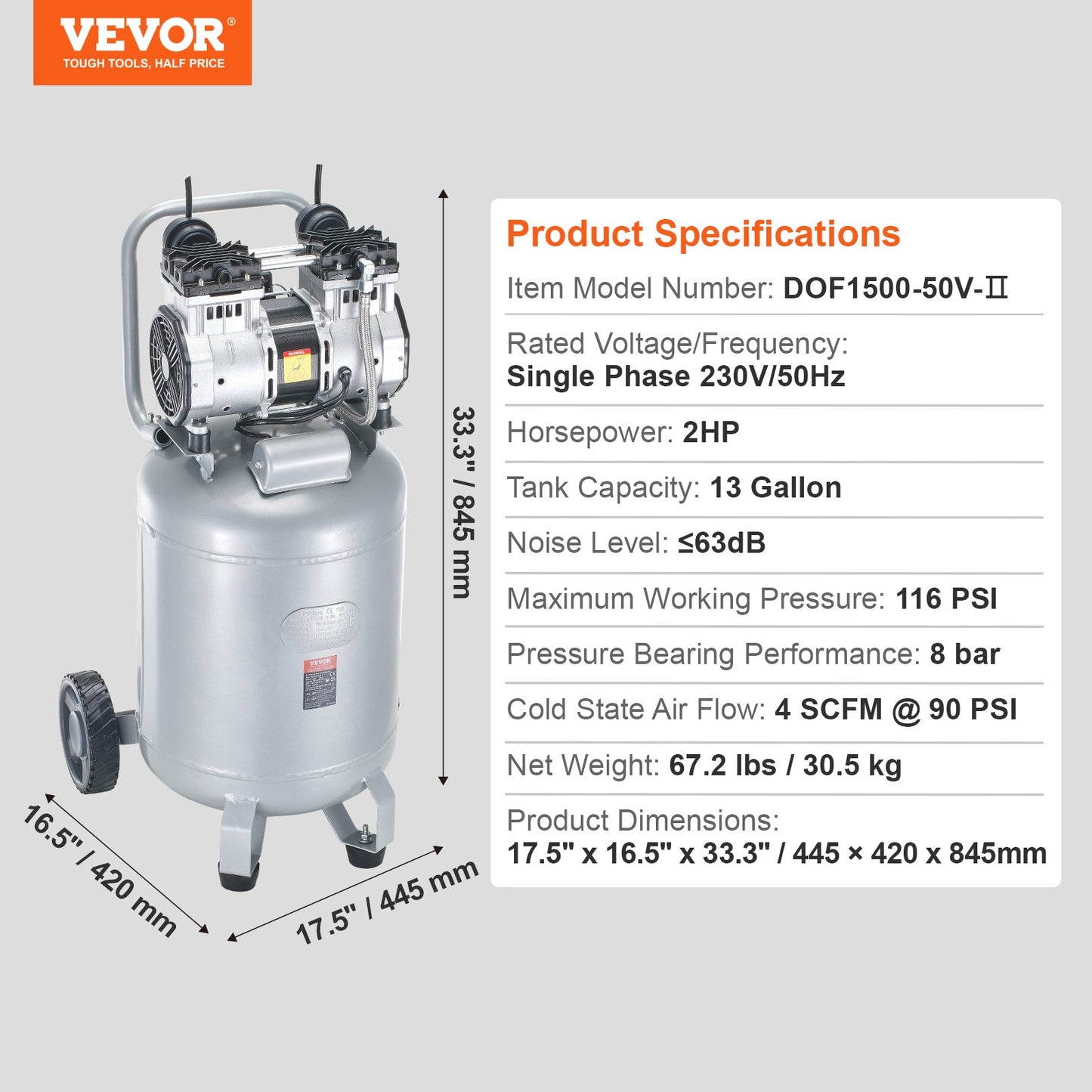 13 Gallonen-Luftkompressor, 2 PS, 4 SCFM bei 90 PSI, ölfreier Luftkompressor, 116 PSI