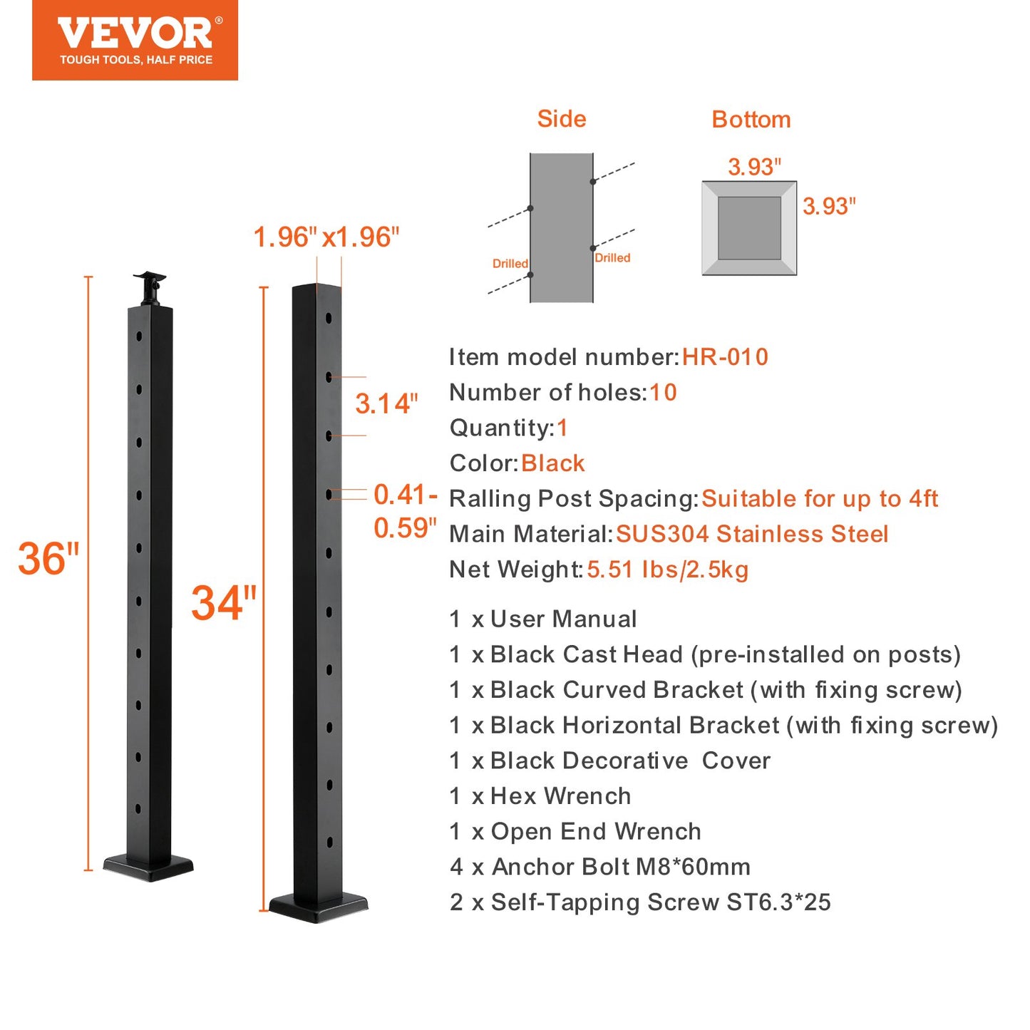 Cable Railing Post 36x2x2in 30° Angled Hole Stair Railing Post Black 1pc