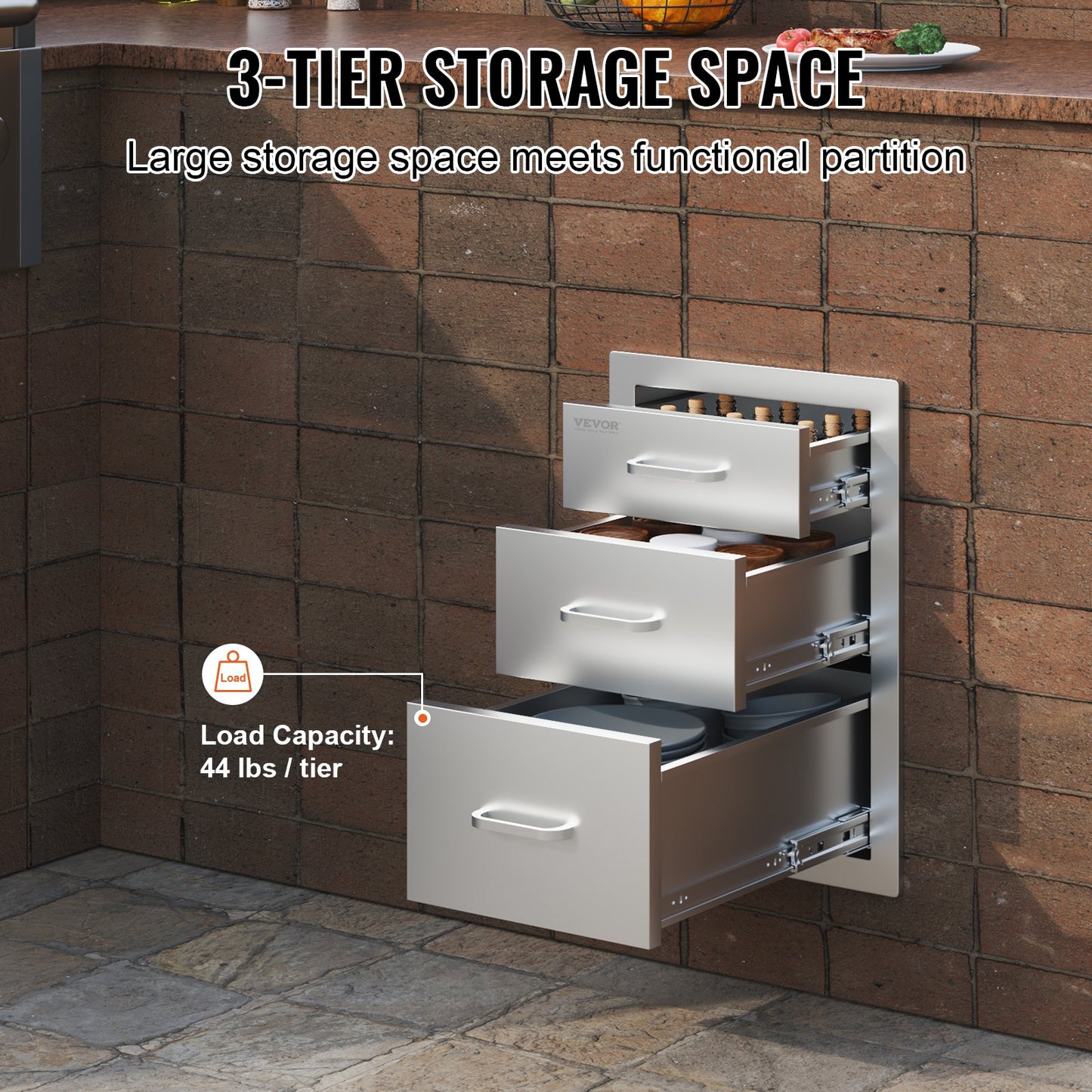 Cranks stainless steel 3 drawers with handles 35*58cm grill storage cabinet