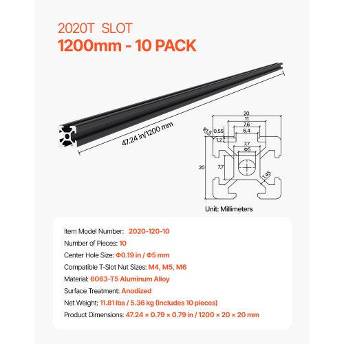 10 ST 47,2 tum (1200 mm) T-spår 2020 aluminiumextruderad anodiserad linjärskena | EU
