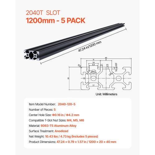 5 ST 47,2 tum (1200 mm) T-spår 2040 aluminiumextruderad anodiserad linjärskena | EU