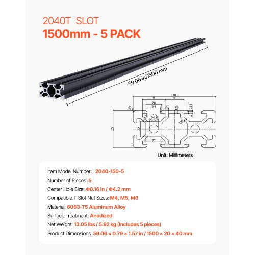 5 ST 59 tum (1500 mm) T-spår 2040 aluminiumextruderad anodiserad linjärskena | EU