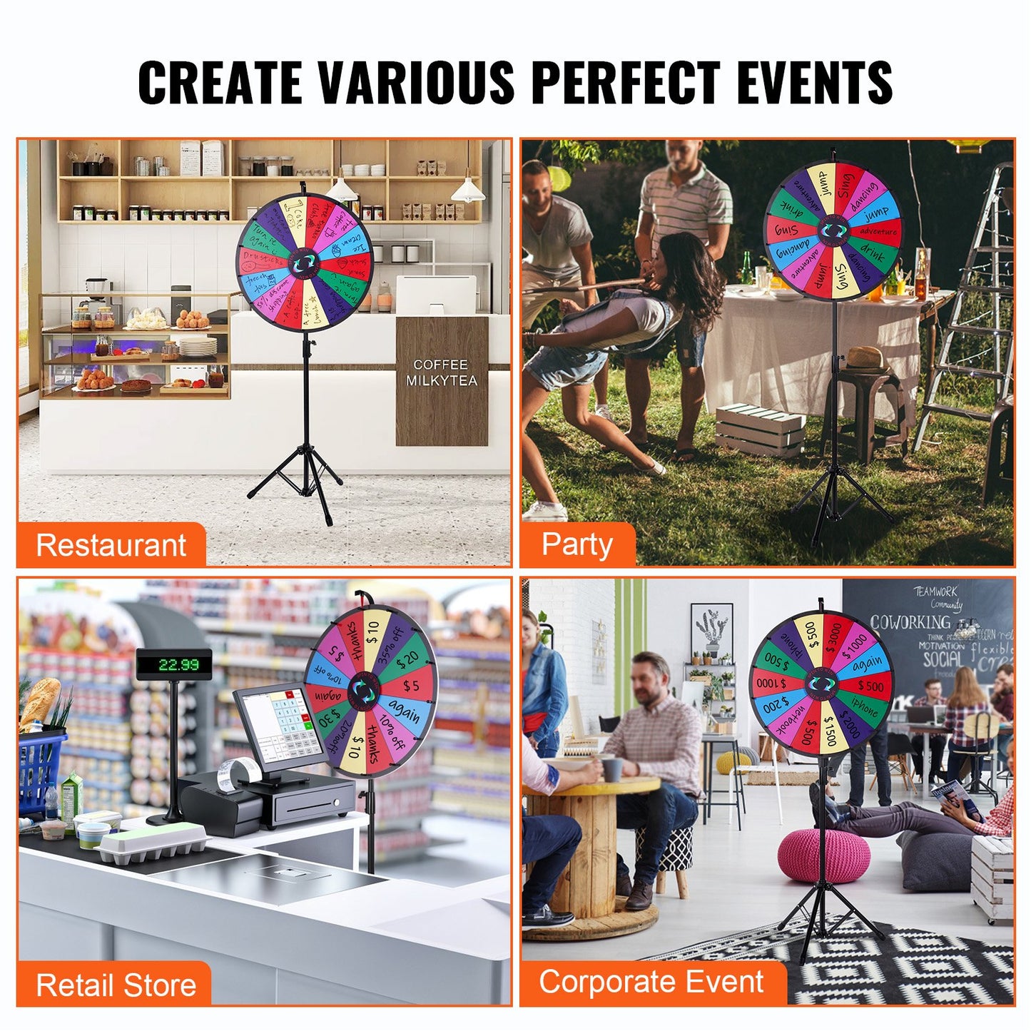 24” färgprishjul Stativ Golvstativ Färgprishjul 14 platser Dry Ease Fortune Spinner Fortune Spinning Game