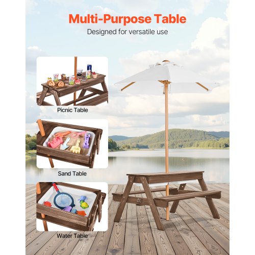 Picnic Table Wooden Table and Bench Set Parasol Garden Indoor Outdoor
