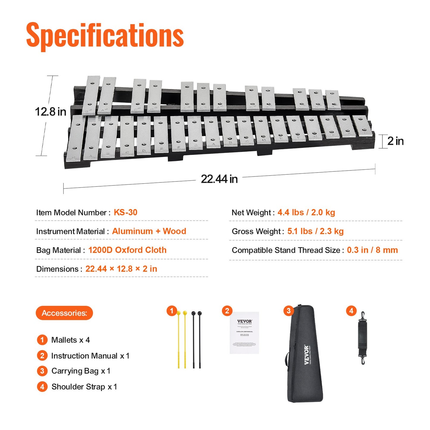 30 Note Klockspel Xylophone Bell Kit med klubbor, trumpinnar och väska