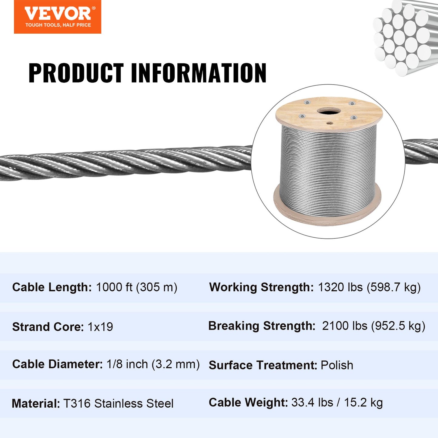 T316 Stainless Steel Wire Rope High Tensile Strength Flexible Stainless Steel Cable OD 3.2MM Length 1000Ft 11.14KN Cable Railing(300M)