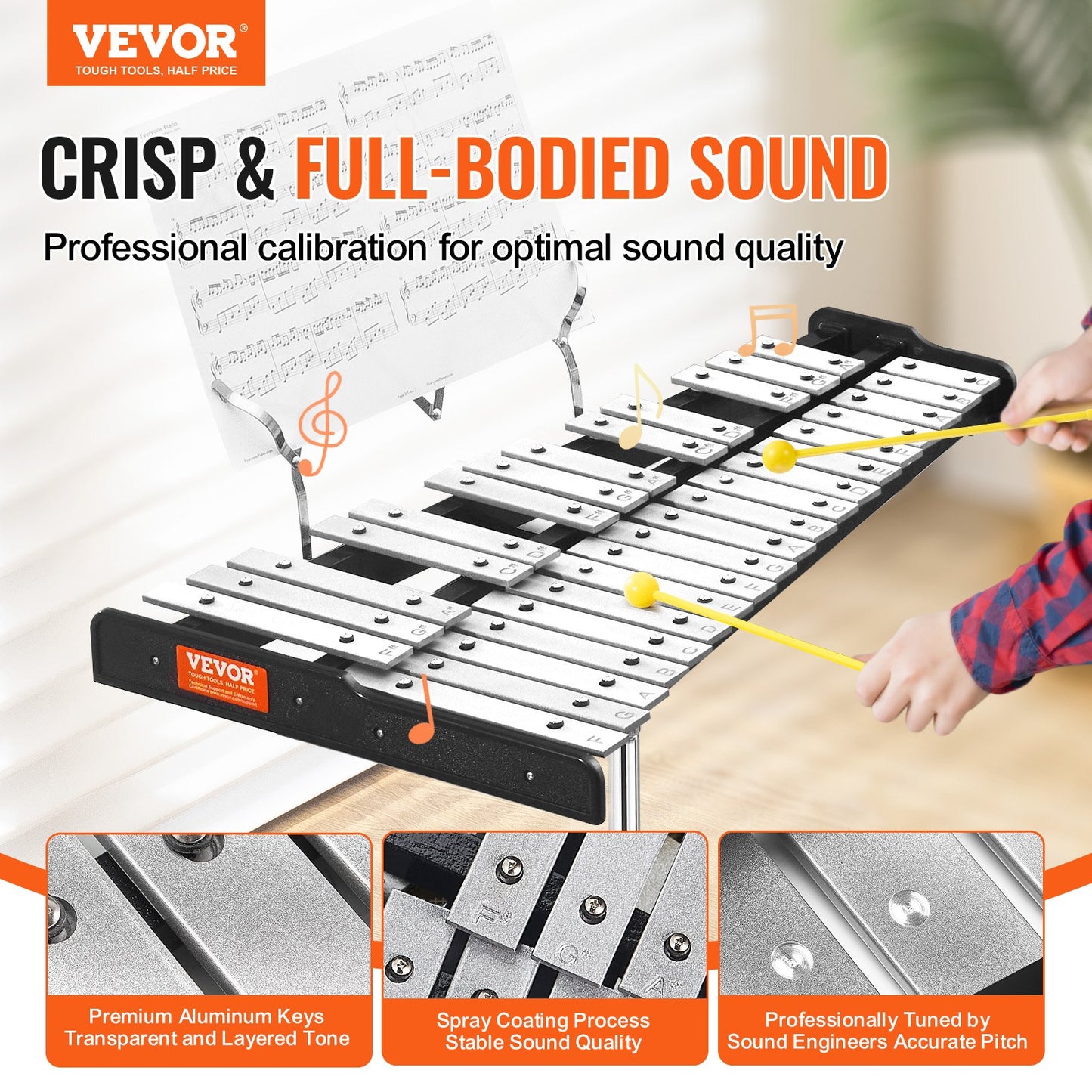 32 Note Klockspel Xylophone Bell Kit med klubbor, trumpinnar och stativ