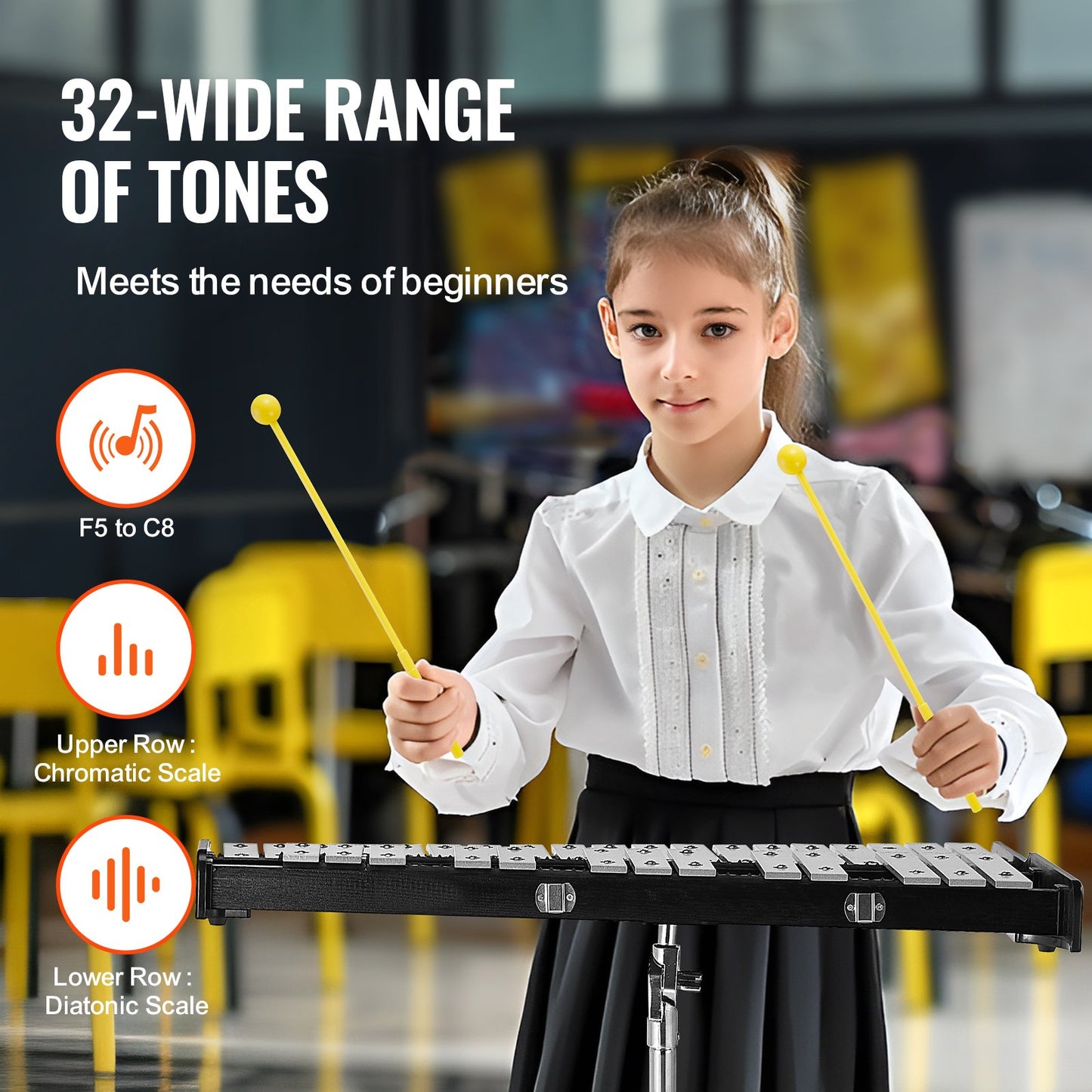 32 Note Klockspel Xylophone Bell Kit med klubbor, trumpinnar och stativ