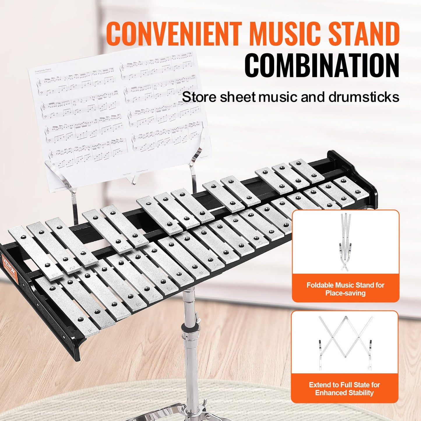 32 Note Klockspel Xylophone Bell Kit med klubbor, trumpinnar och stativ