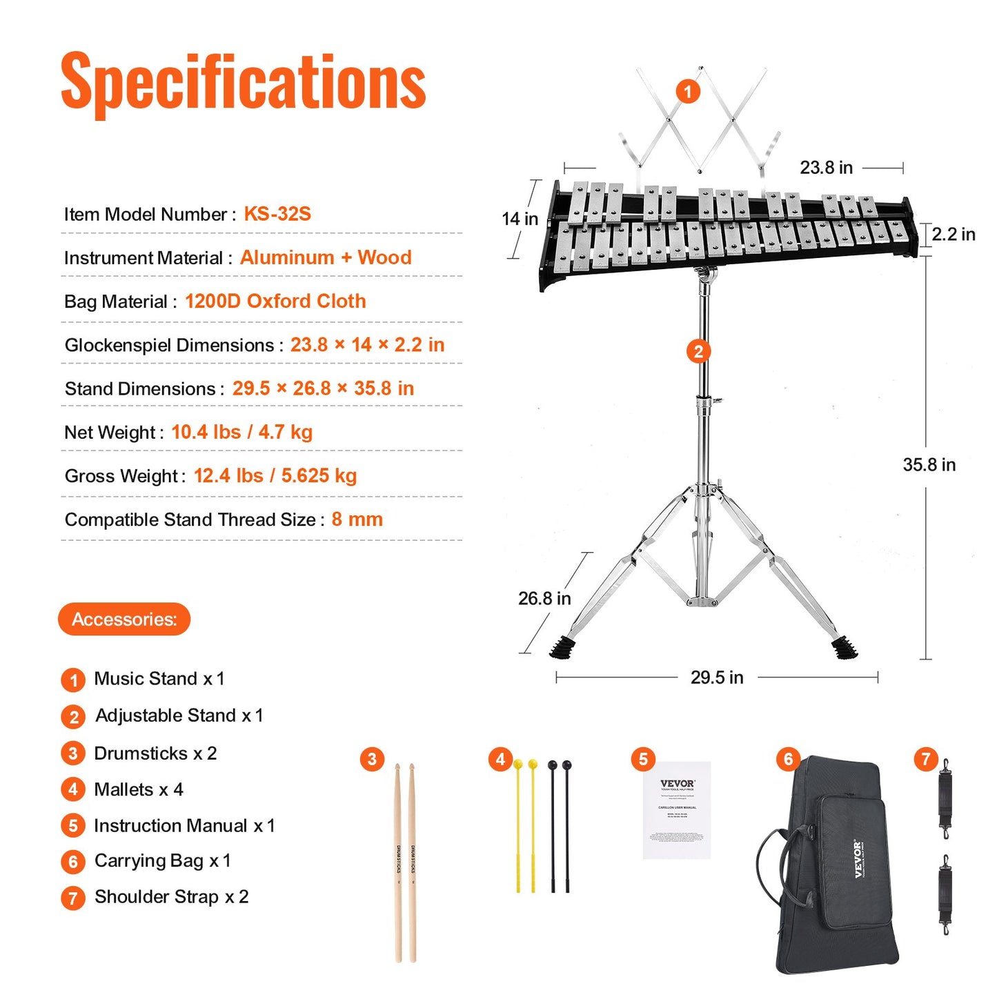 32 Note Klockspel Xylophone Bell Kit med klubbor, trumpinnar och stativ