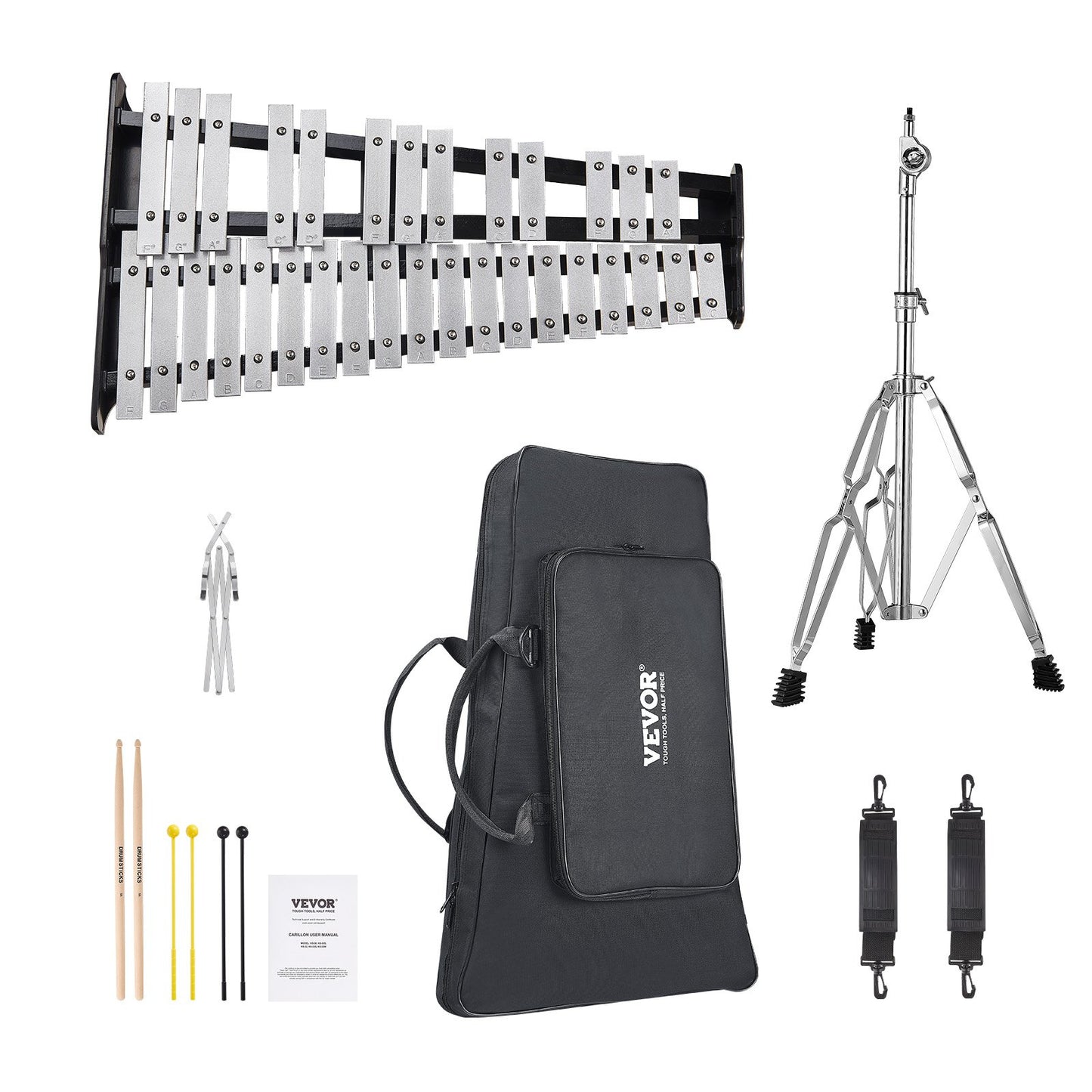 32 Note Klockspel Xylophone Bell Kit med klubbor, trumpinnar och stativ