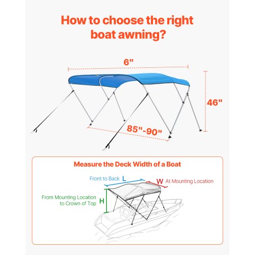 3 Bow Boat Bimini Toppar 72"Lx(85"-90")B x 46"H Markiskapell Pacific Blue | EU