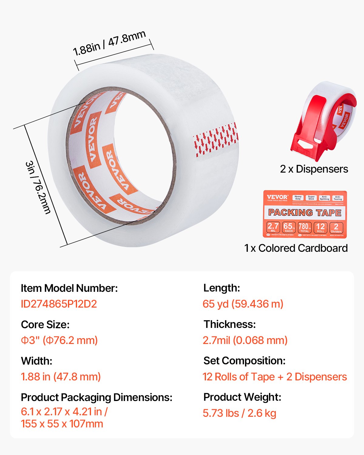 Packtejp 12 rullar 65 yards klar frakttejp med dispenser 2,7 mil