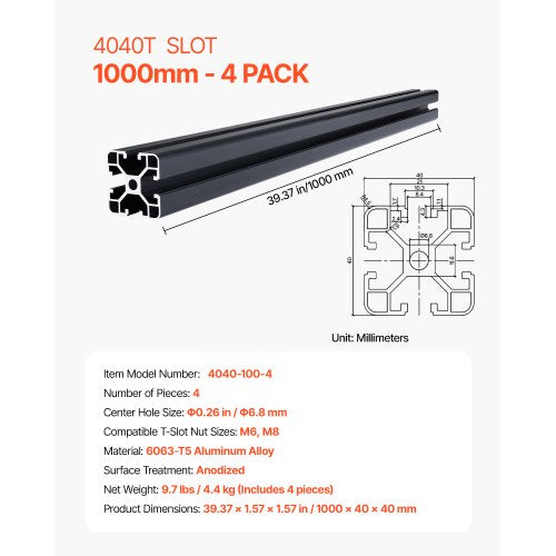 4PCS 39,4 tum (1000 mm) T-spår 4040 Aluminium Extrusion Anodized Linear Rail | EU