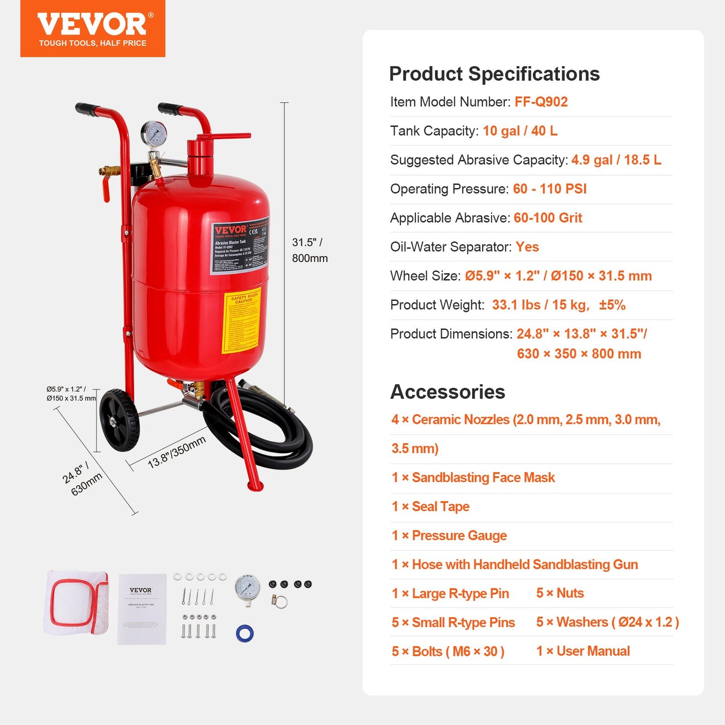 10 Gallon/38L sandbläster utrustad med munstyckesavstängningsventil Tryckmätare Keramiskt munstycke Gummihjul Kornblästring Blästring Sandblästring