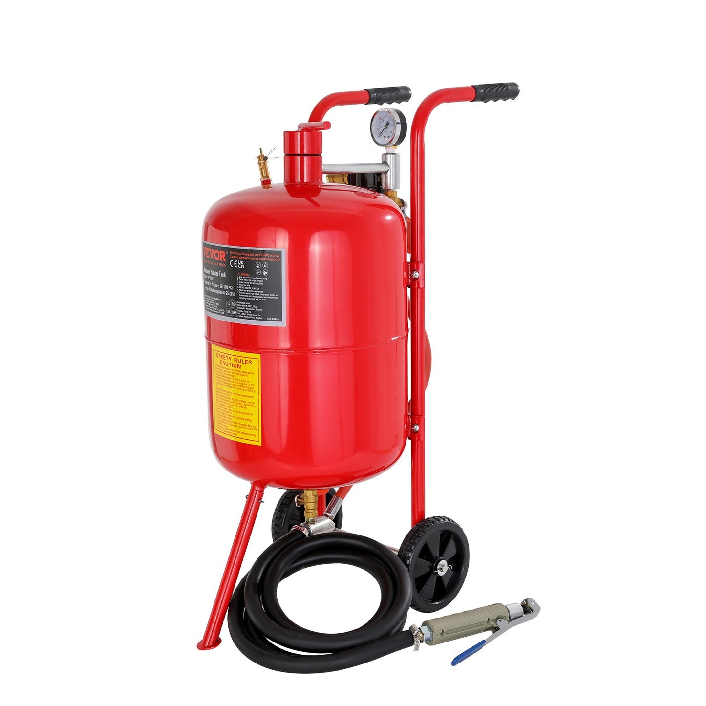 10 Gallon/38L sandbläster utrustad med munstyckesavstängningsventil Tryckmätare Keramiskt munstycke Gummihjul Kornblästring Blästring Sandblästring