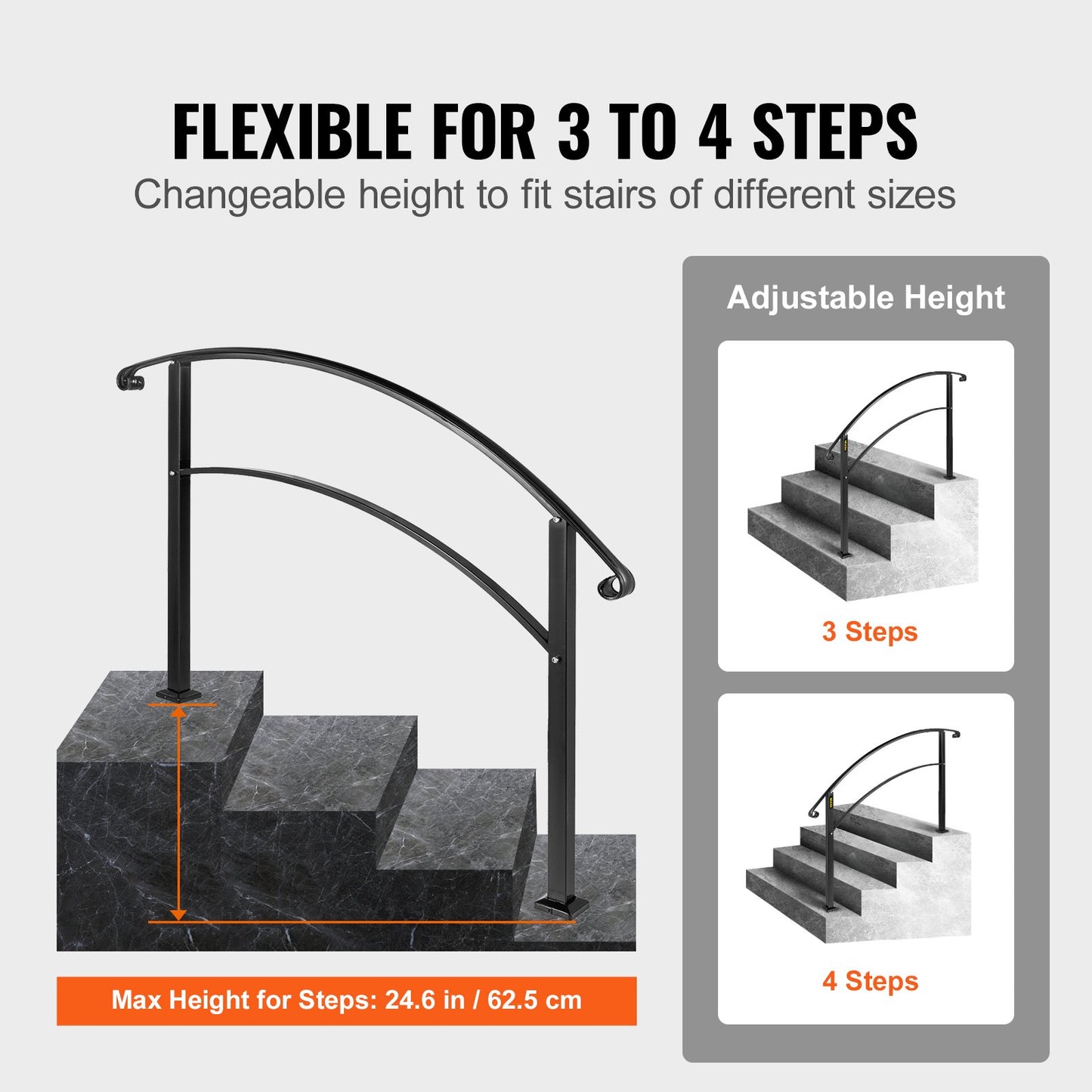 Adjustable Wrought Iron Transition Handrail Matte Black 4FT Fits 4 Steps