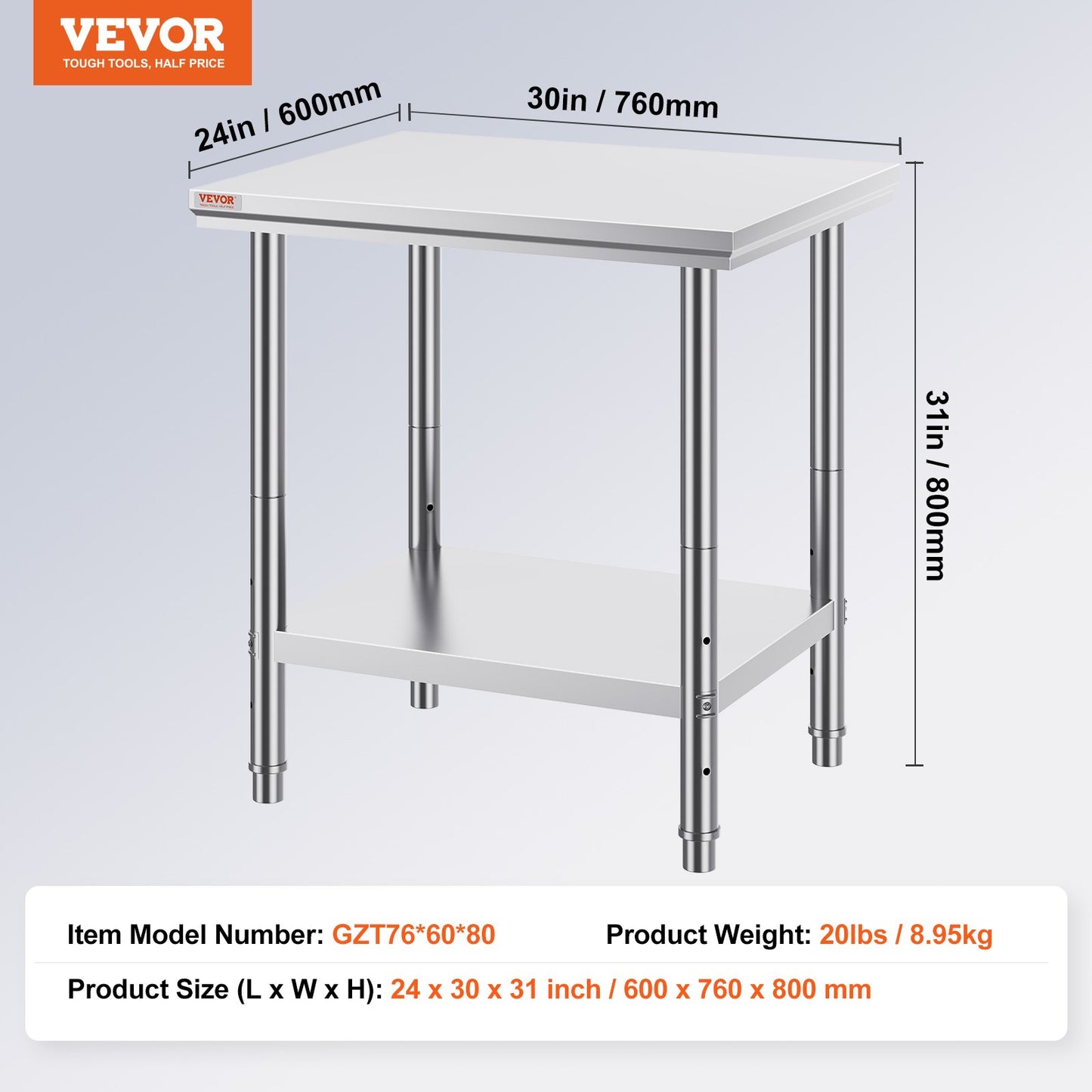 Arbetsbord 24 x 30 x 32 tum NSF-arbetsbord i rostfritt stål för kommersiellt kök Prep-arbetsbänk 60X76X80 cm med nedre hyllan Arbetsbord Silverfärgat för kommersiellt kök Restaurang