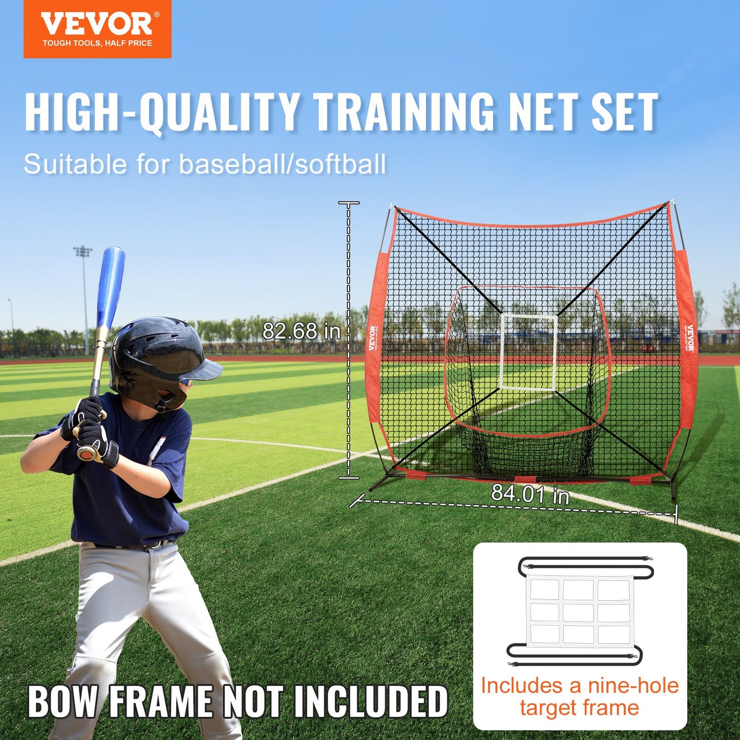 7x7 ft Baseball Softball Träningsnät, Portabelt Baseball Träningsnät för Slagbatting Catching Pitching, Backstop Baseball Utrustning Träningshjälpmedel med Strike Zone (Endast nät, utan stödram)