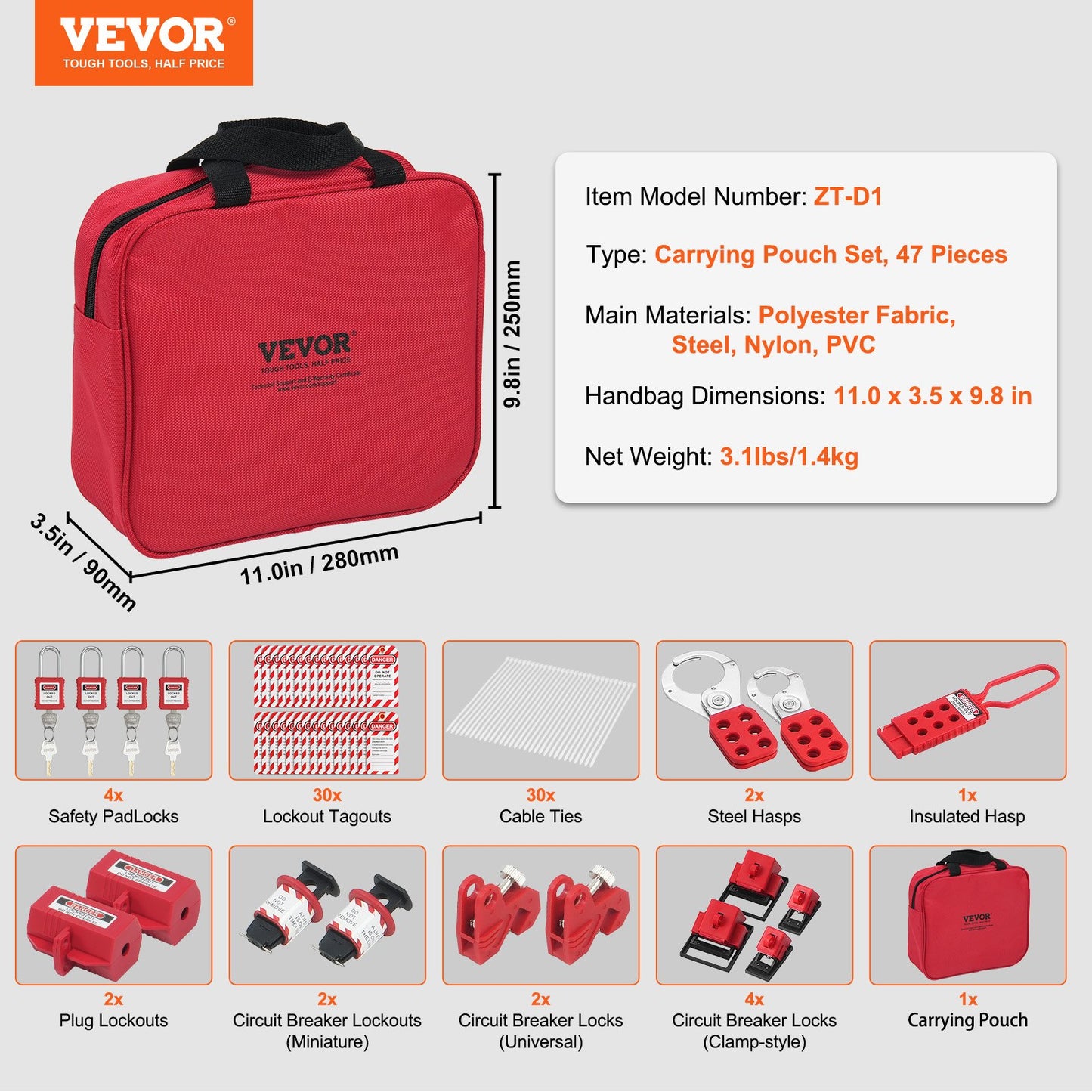 Electrical Lockout Tagout Kit, 47 PCS Safety Loto Kit inkluderar hänglås, haspar, taggar, nylonband, stickproppslåsningar, kretsbrytarlåsningar och bärväska, för industriell, elektrisk kraft