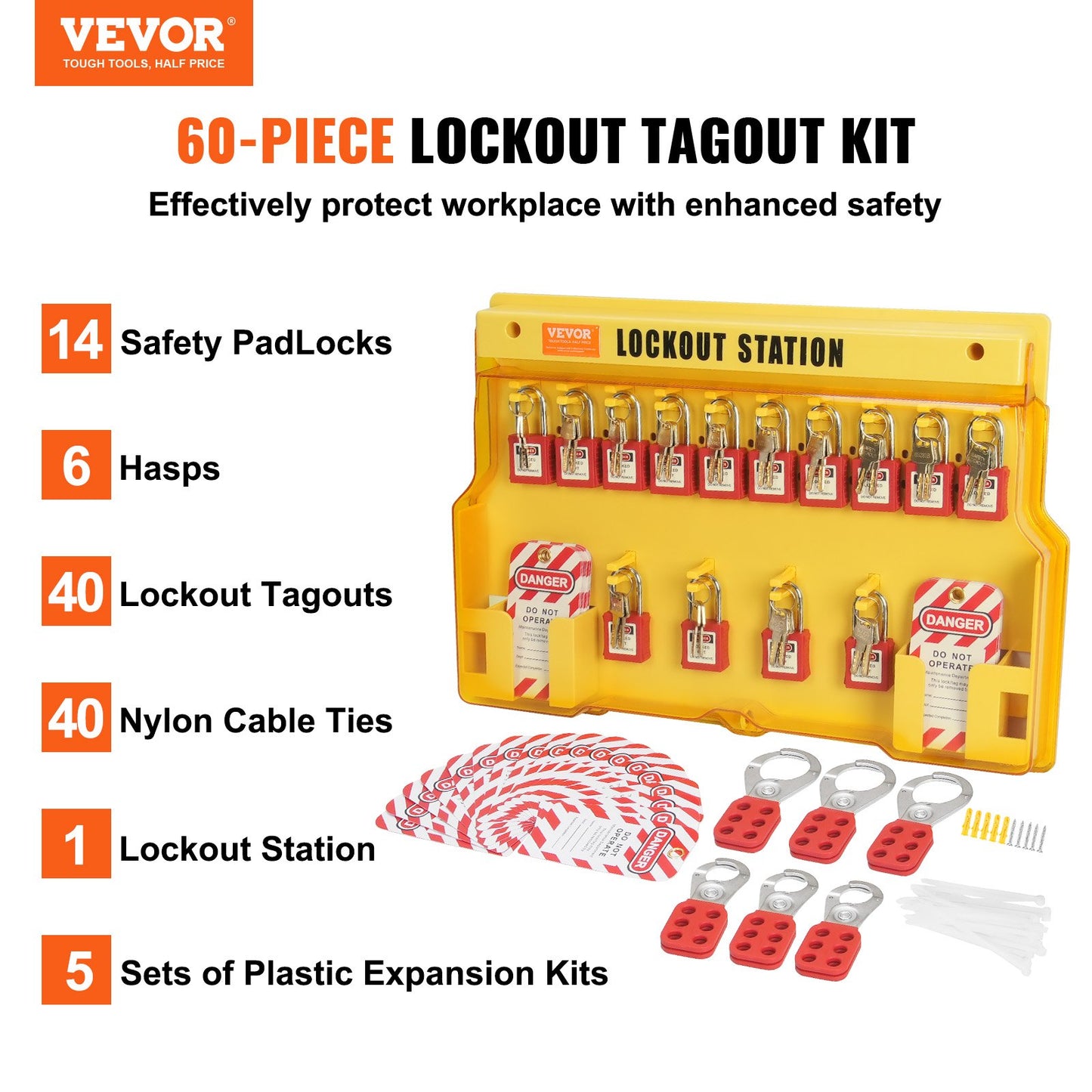 Electrical Lockout Tagout Kit, 60 ST Säkerhet Lockout Tagout Station inkluderar hänglås, haspar, taggar, nylonband, expansionssats och lockoutstationskort, för industriell, elektrisk kraft