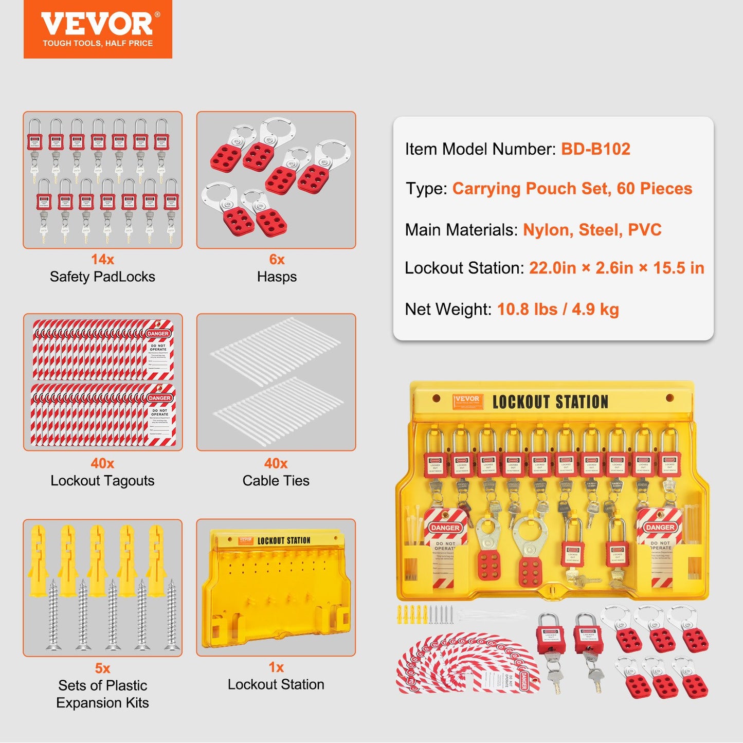 Electrical Lockout Tagout Kit, 60 ST Säkerhet Lockout Tagout Station inkluderar hänglås, haspar, taggar, nylonband, expansionssats och lockoutstationskort, för industriell, elektrisk kraft