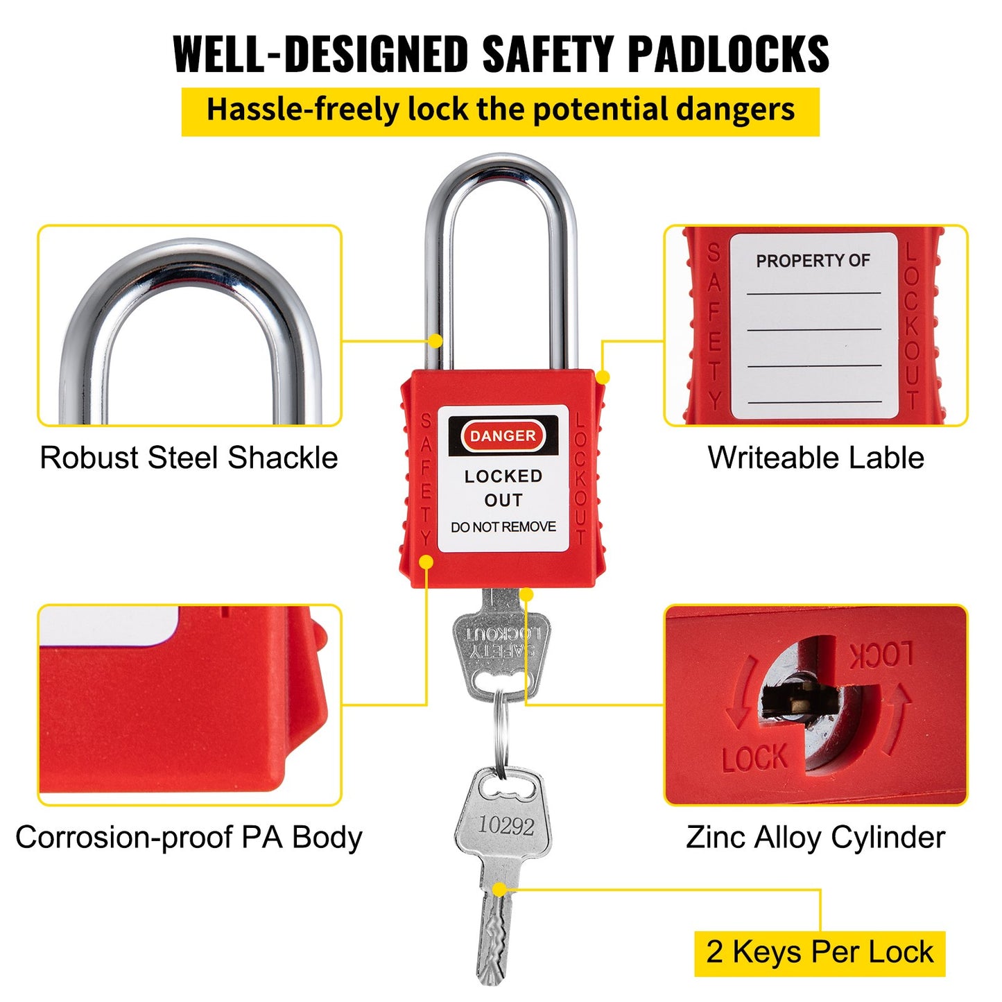 42-teiliges Lockout-Tagout-Kit, elektrisches Sicherheits-Lockout-Kit enthält Vorhängeschlösser, 5 Arten von Lockouts, Haspen, Etiketten und Riemen, Box, Lockout-Sicherheitswerkzeuge zum Entfernen elektrischer Gefahren in der Industrie, an Maschinen