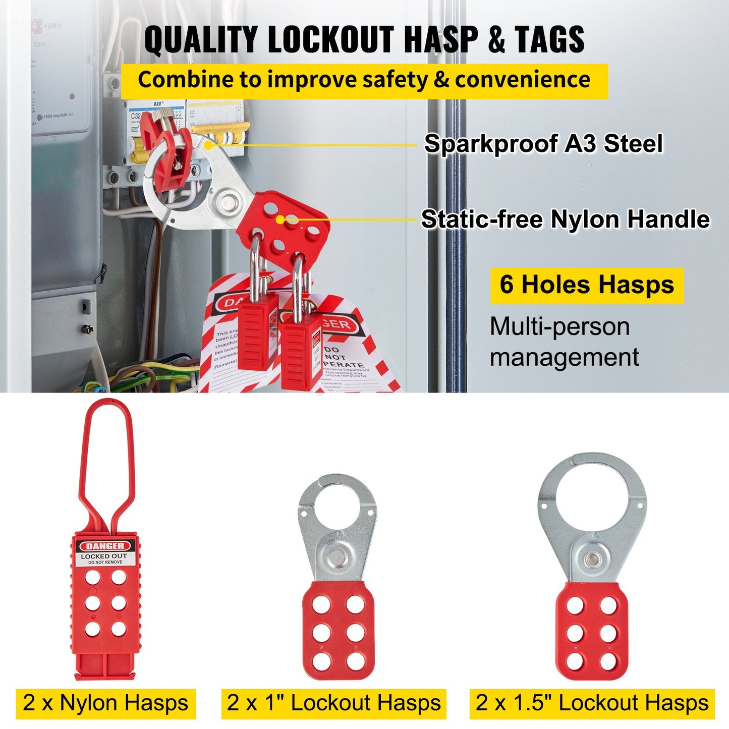 42-teiliges Lockout-Tagout-Kit, elektrisches Sicherheits-Lockout-Kit enthält Vorhängeschlösser, 5 Arten von Lockouts, Haspen, Etiketten und Riemen, Box, Lockout-Sicherheitswerkzeuge zum Entfernen elektrischer Gefahren in der Industrie, an Maschinen