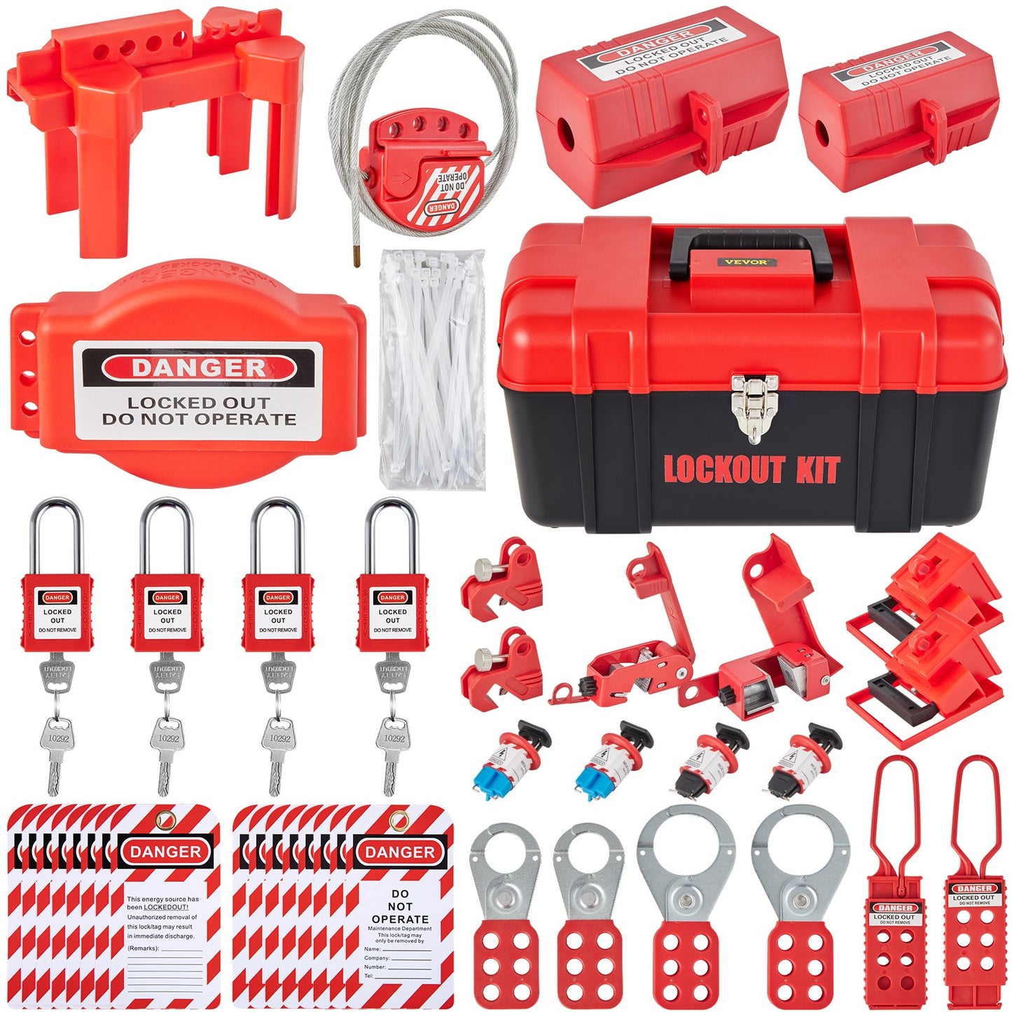 42-teiliges Lockout-Tagout-Kit, elektrisches Sicherheits-Lockout-Kit enthält Vorhängeschlösser, 5 Arten von Lockouts, Haspen, Etiketten und Riemen, Box, Lockout-Sicherheitswerkzeuge zum Entfernen elektrischer Gefahren in der Industrie, an Maschinen