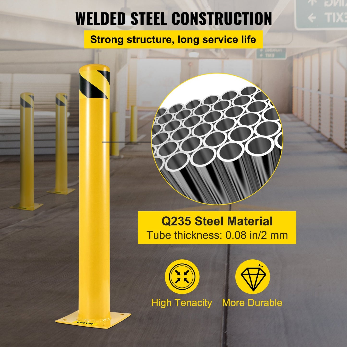 Sicherheitspoller 48"x5,5", Sicherheitsbarrierepoller 5-1/2" Außendurchmesser, 48" Höhe, gelb pulverbeschichtete Sicherheitsbarriere aus Stahlrohr, mit 4 kostenlosen Ankerbolzen, für verkehrssensible Bereiche