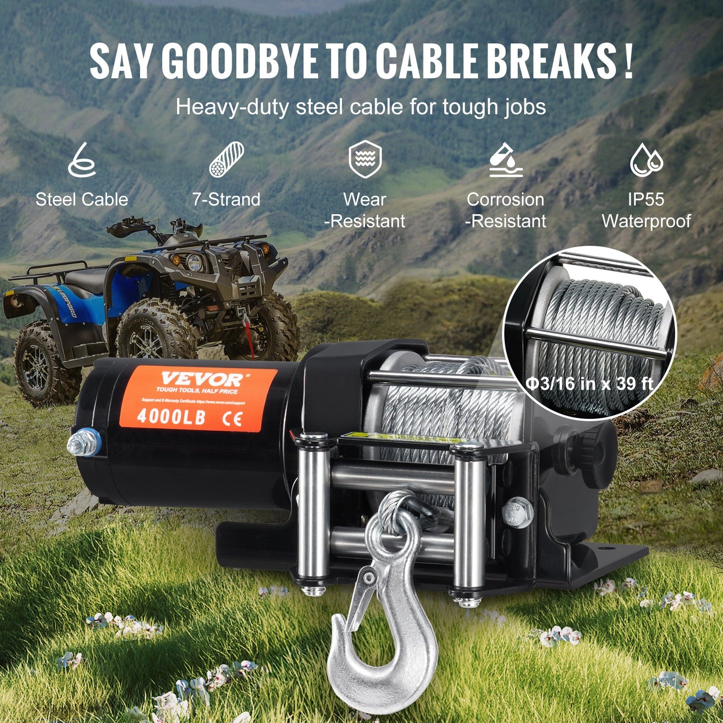 Elektrisk vinsch ATV UTV 4000 lb stålkabel IP55 vattentät fjärrkontroll