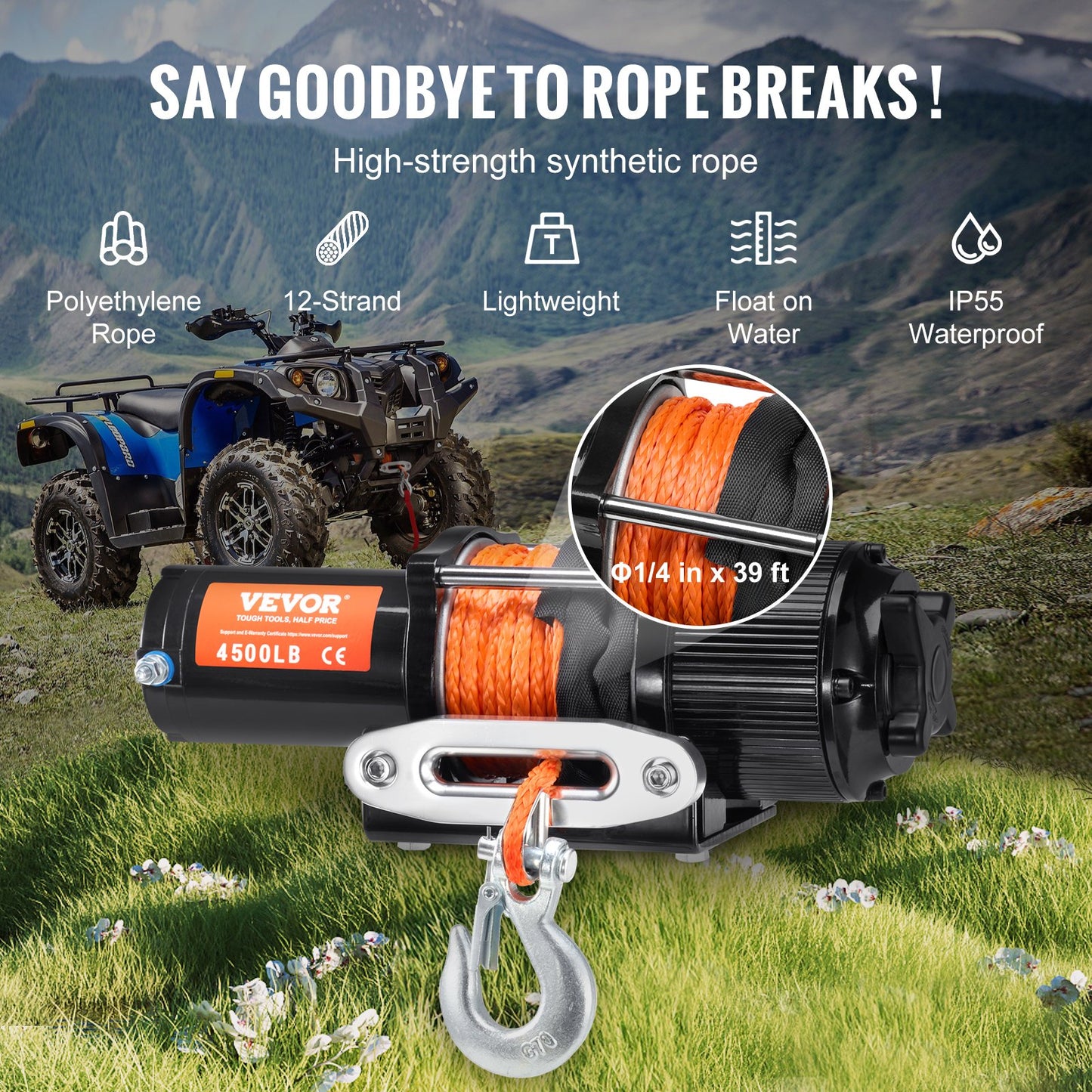 Elektrisk vinsch ATV UTV 4500 lb syntetiskt rep Vattentät fjärrkontroll
