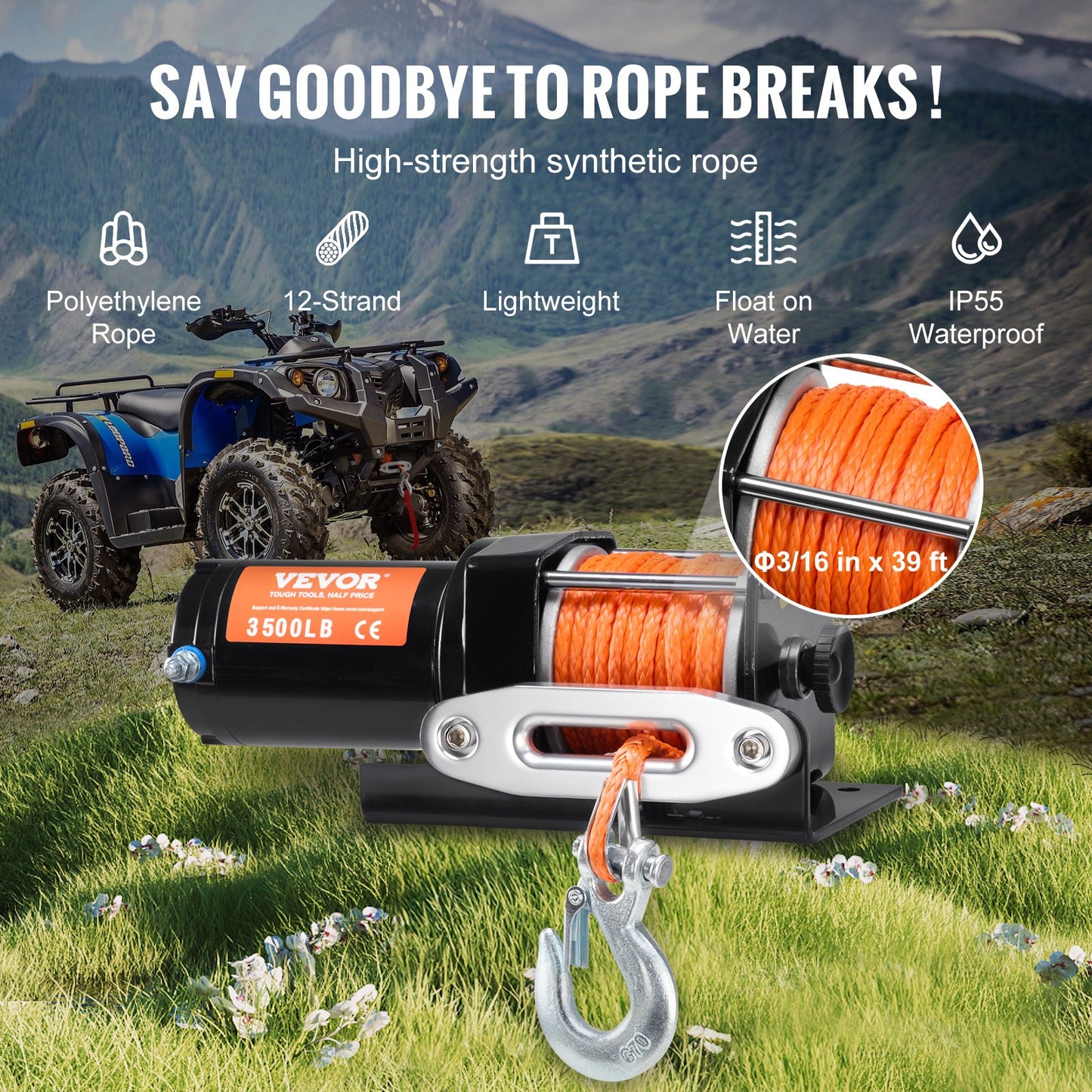 Elektrisk vinsch ATV UTV 3500 lb Syntetrep Vattentät trådad kontroll