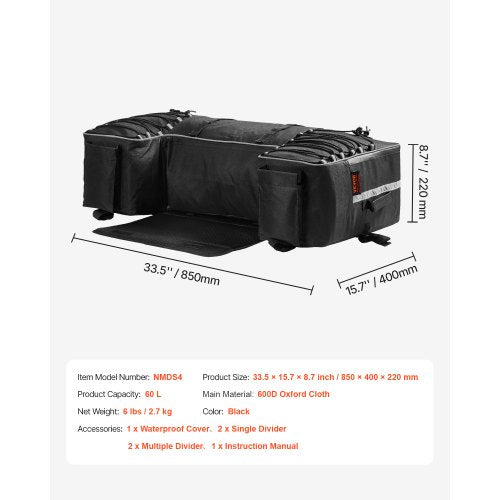 ATV förvaringsväska bak, 60L ATV förvaringsväska bak med ryggstöd och vattentätt överdrag, 600D Oxfordtyg för utrustning bak i sätet, passar de flesta ATV med bakre räcke, kompatibel med ATV, UTV, Can-Am-fordon | EU