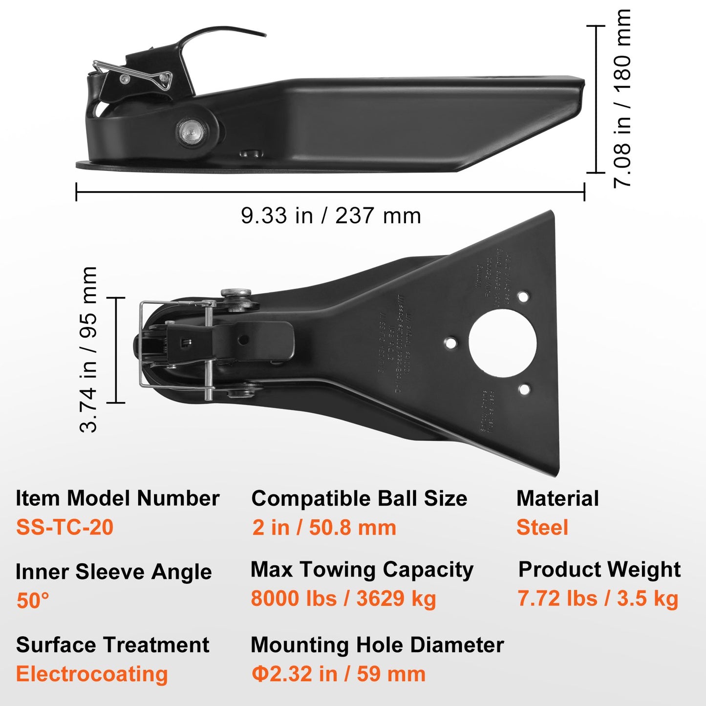 A-Frame Trailer Hitch, Fits 2-inch Ball Size, 8000 lbs Towing Capacity, Heavy Duty Steel Hitch, Ideal for Towing Station Wagons, Pickup Trucks, SUVs, RVs, Black Coating Surface