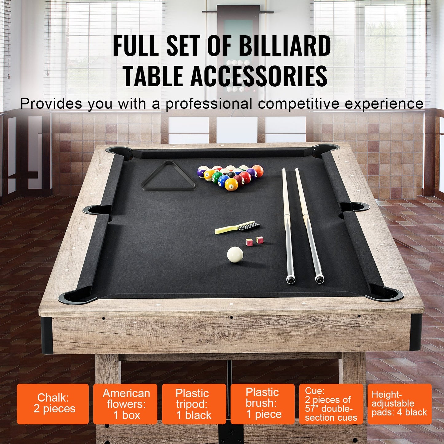 Pool table, 7 feet pool table, adjust legs stable pool table, pool table set includes balls, cue, chalk and brush, wood color with black cloth, perfect for family game room kids adults