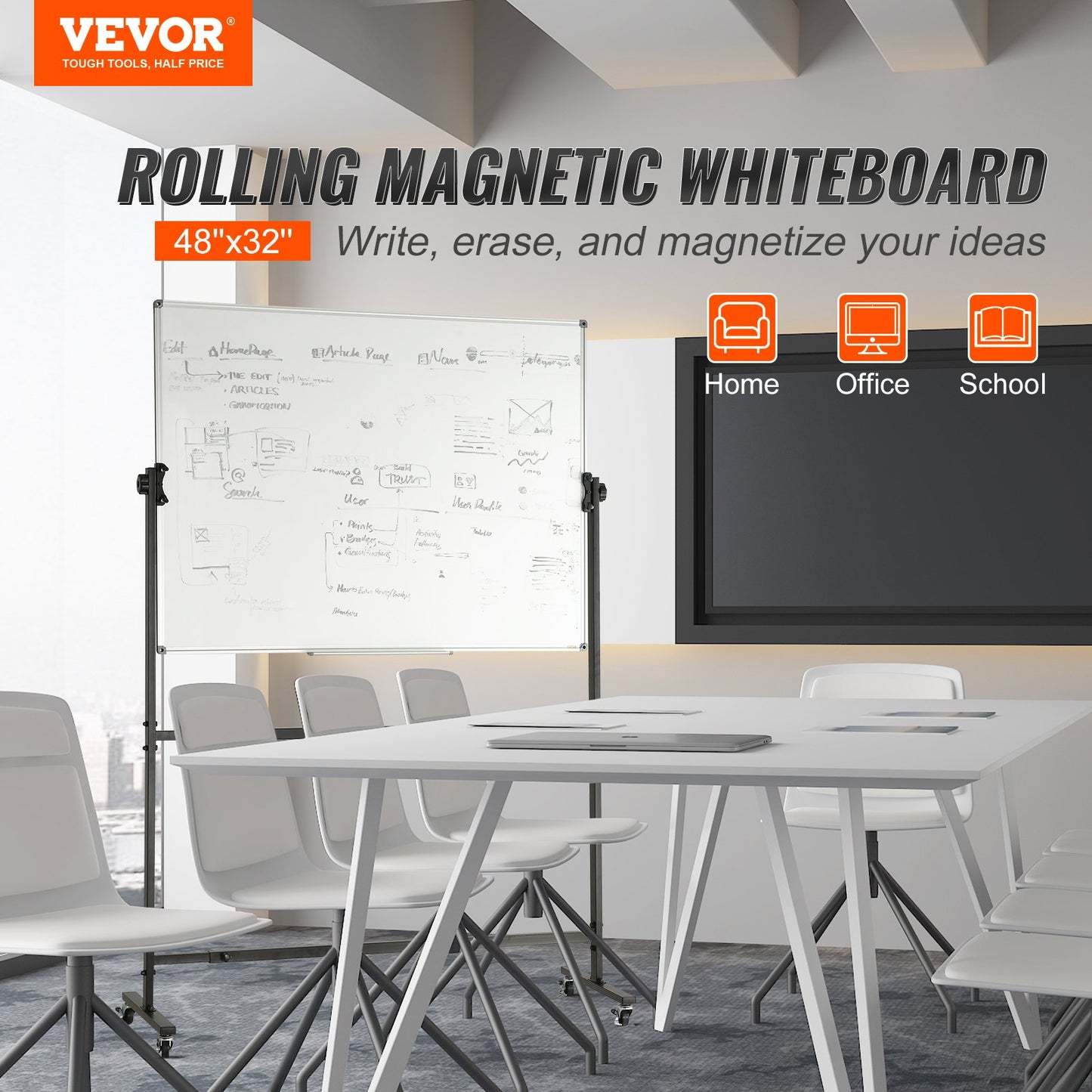 Rolling Whiteboard, 48x32 tum dubbelsidig magnetisk mobil whiteboardtavla, 360° vändbar justerbar höjd med torr raderingstavla med hjul och flyttbar bricka för kontorsskola