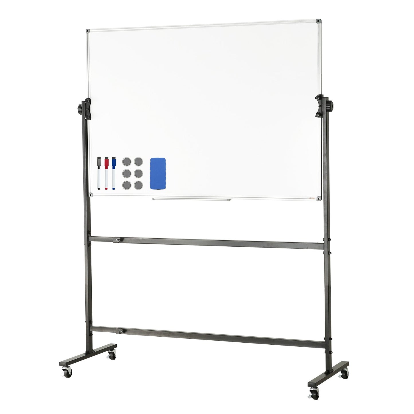 Rolling Whiteboard, 48x32 tum dubbelsidig magnetisk mobil whiteboardtavla, 360° vändbar justerbar höjd med torr raderingstavla med hjul och flyttbar bricka för kontorsskola