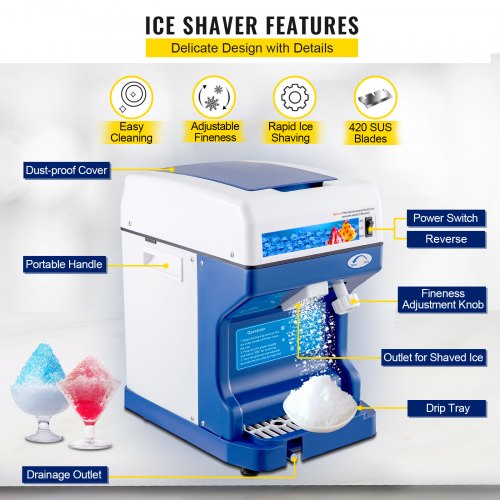 Snow Cone Machine 265LBS Kommersiell Ice Rakmaskin Kross 220V 50HZ Ice Crusher Rakmaskin Snöflinga Rostfritt stål Livsmedelsklass för kök Hem Barer | EU