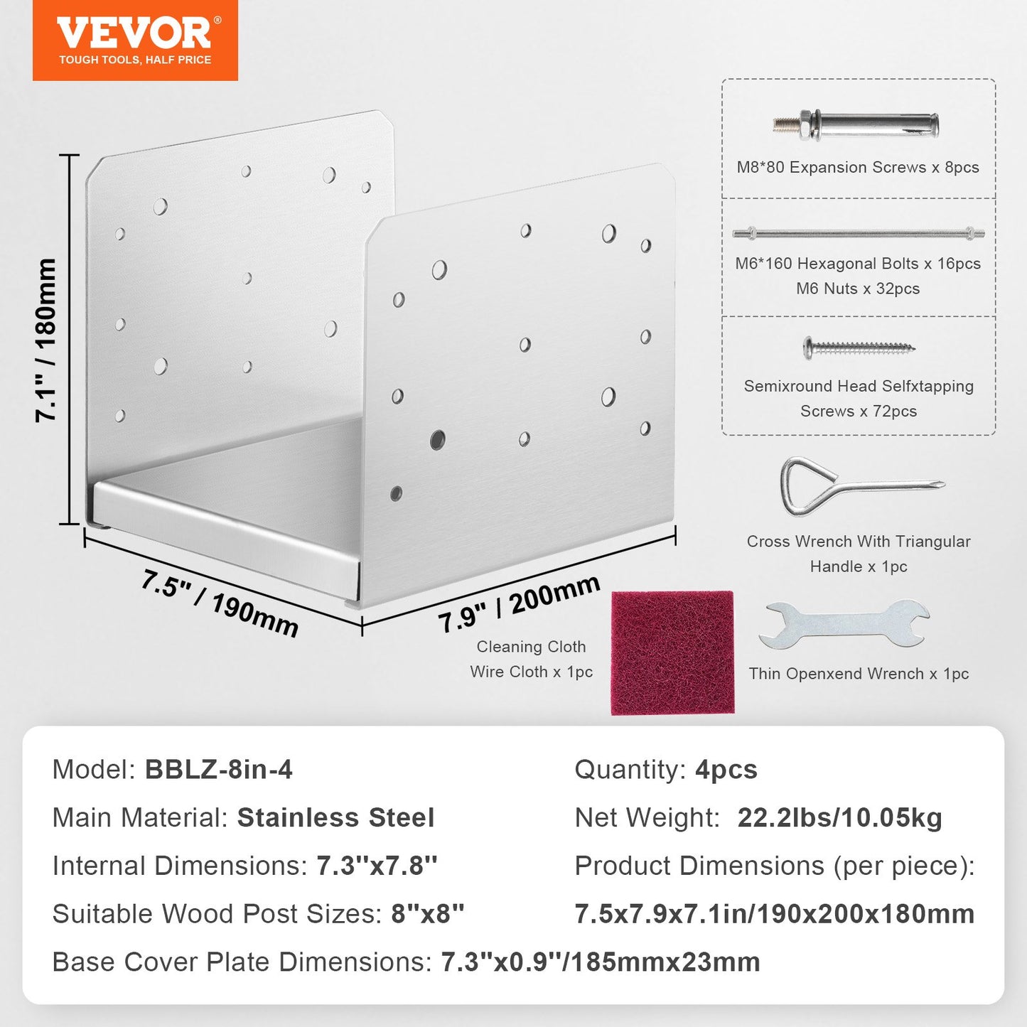 203,2 x 203,2 mm Pfostensockel, 4 Stück verstellbare Pfostenankerhalterung aus Edelstahl (innen 198 x 185), verstellbarer Pfostensockel für Pavillon, Deck, Veranda, Handlauf, Geländer, dekorative Ankerplatte