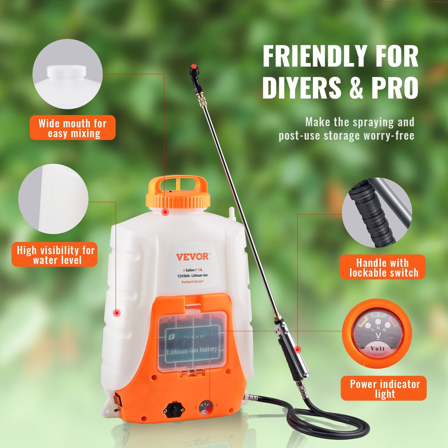 Battery Powered Backpack Sprayer 4 Gal Tank 0-90 PSI Adjustable Pressure