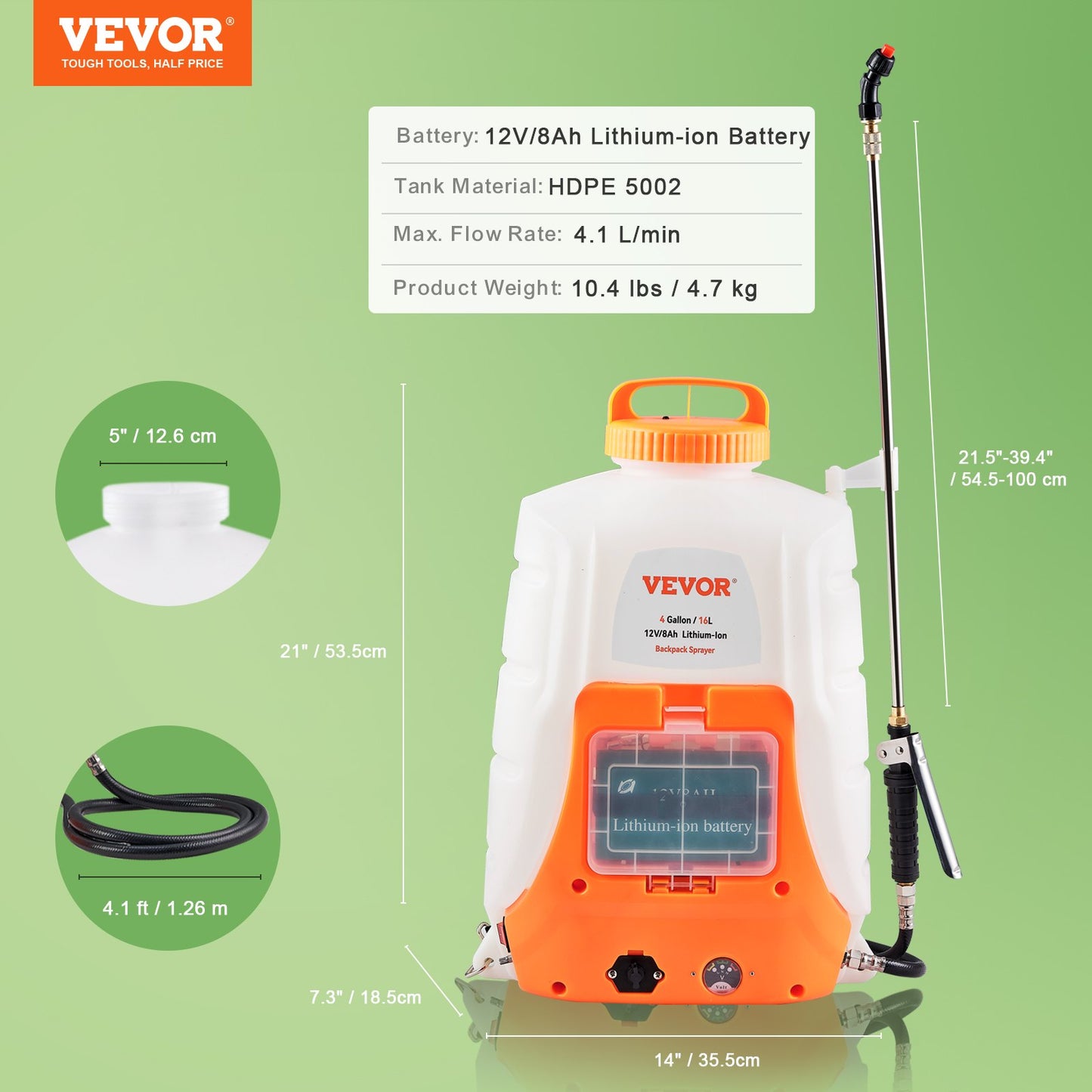 Battery Powered Backpack Sprayer 4 Gal Tank 0-90 PSI Adjustable Pressure