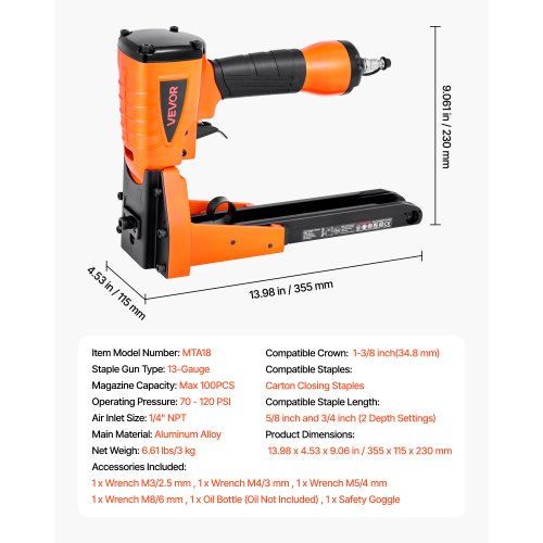 Pneumatisk häftpistol för kartongförslutning, 13 Gauge Pneumatisk häftpistol för kartong för 34,8 mm krona 16 mm och 19 mm längd, djupjusterbar 70-120 PSI lufthäftpistol för lådor, kartongförslutning, förpackning | EU