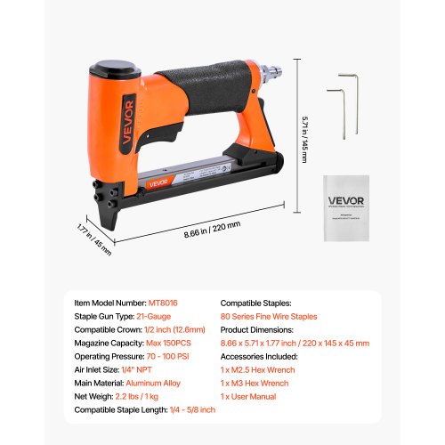 pneumatisk häftpistol, 21 gauge lufthäftpistol för möbelbeklädnad, för 80-seriens fintrådshäftklamrar, 12,8 mm krona, 6 mm -16 mm längd, max 150 st. lufthäftpistol för möbelbeklädnad, träbearbetning, gör-det-själv-projekt | EU