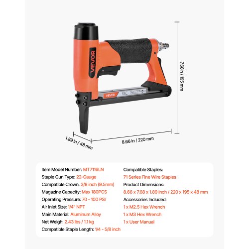 pneumatisk häftpistol, 22 gauge långspetsad häftpistol för möbelbeklädnad, för 71-seriens fintrådshäftklamrar, 9,5 mm krona, 6 mm-16 mm längd, max 180 st. lufthäftpistol för möbelbeklädnad, träbearbetning, gör-det-själv | EU