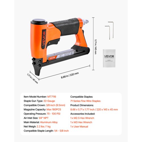 pneumatisk häftpistol, 22 gauge lufthäftpistol för möbelbeklädnad, för 71-seriens fintrådshäftklamrar, 9,5 mm krona, 6–16 mm längd, max 180 st. lufthäftpistol för möbelbeklädnad, träbearbetning och gör-det-själv-projekt | EU